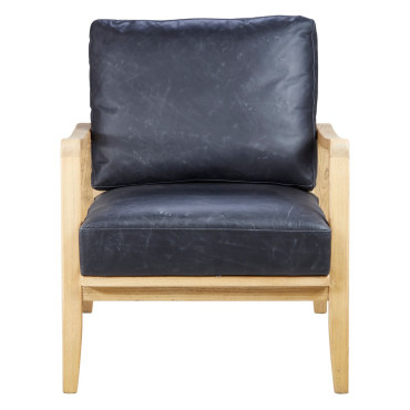 Fauteuil cuir noir pieds frêne naturel