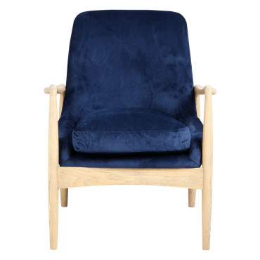 Fauteuil velours bleu foncé pieds frêne naturel