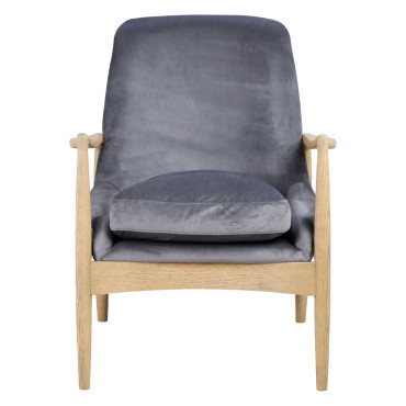 Fauteuil velours gris pieds frêne naturel