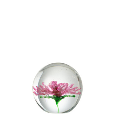 Presse Papier Sulfure Aster Rond Verre Transparent / Rose Grand