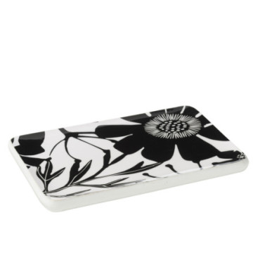 Plat Rectangulaire Motif Floral Bois De Manguier Noir / Blanc