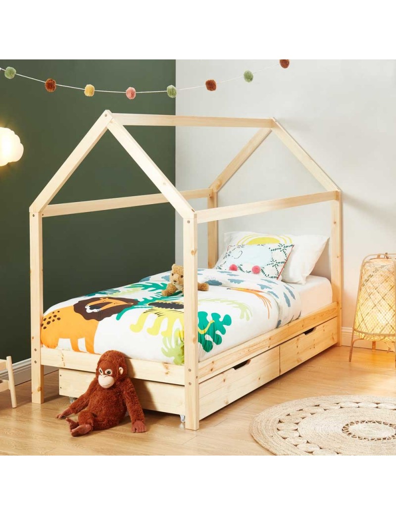 Lit Enfant Cabane TINY Avec Tiroirs - Bois Massif De Pin Naturel ...