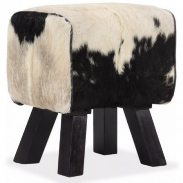 Tabouret cheval d'arçon en cuir véritable de chèvre Blanc Noir 40x30x45cm