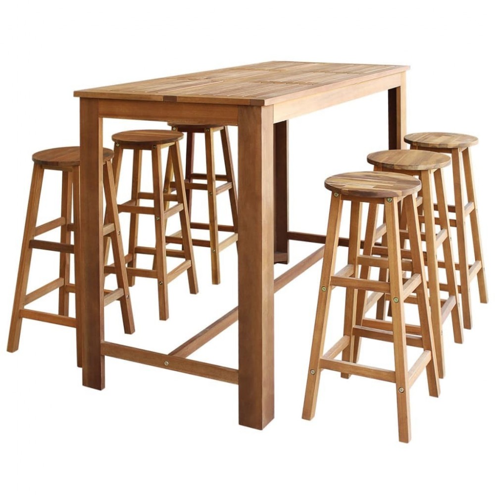 Table haute de bar + 6 tabourets en bois d'acacia massif | Achat sur